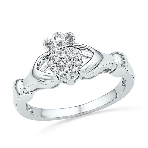 Round Diamond Claddagh Hands & Heart Cluster Ring 1/20 Cttw 10KT White Gold