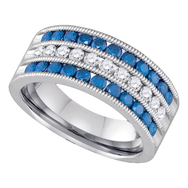 Round Blue Color Enhanced Diamond Milgrain Striped Band Ring 1 Cttw 10KT White Gold
