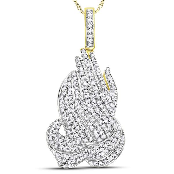 Round Diamond Praying Hands Charm Pendant 1-5/8 Cttw 10KT Yellow Gold