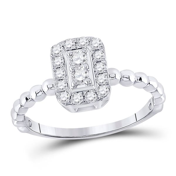 Round Diamond Beaded Rectangle Cluster Ring 1/3 Cttw 10KT White Gold