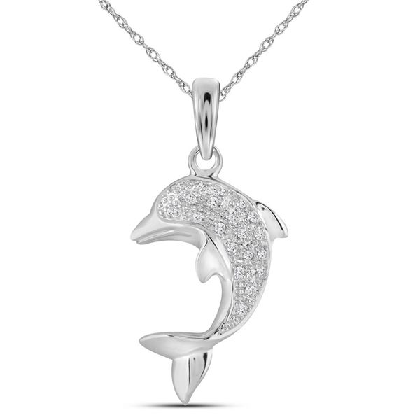 Round Diamond Dolphin Fish Animal Pendant 1/10 Cttw 10KT White Gold