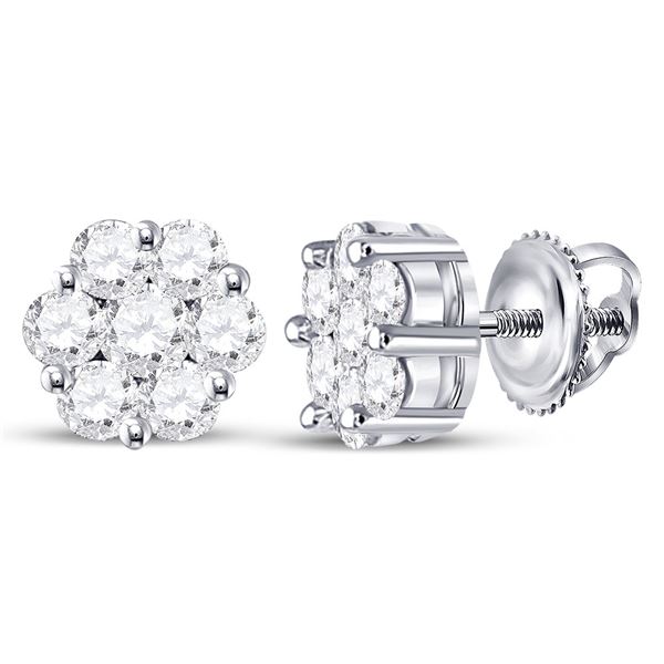 Round Diamond Flower Cluster Earrings 3/4 Cttw 14KT White Gold