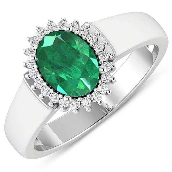 Natural 2.3 CTW Zambian Emerald & Diamond Ring 14K White Gold - REF-51N6R