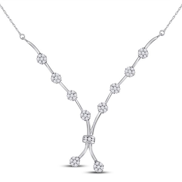 Round Diamond Flower Cluster Cocktail Necklace 1 Cttw 14KT White Gold