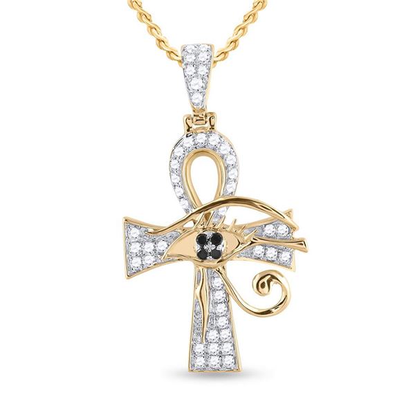 Round Black Color Enhanced Diamond Ankh Cross Charm Pendant 1/2 Cttw 10KT Yellow Gold
