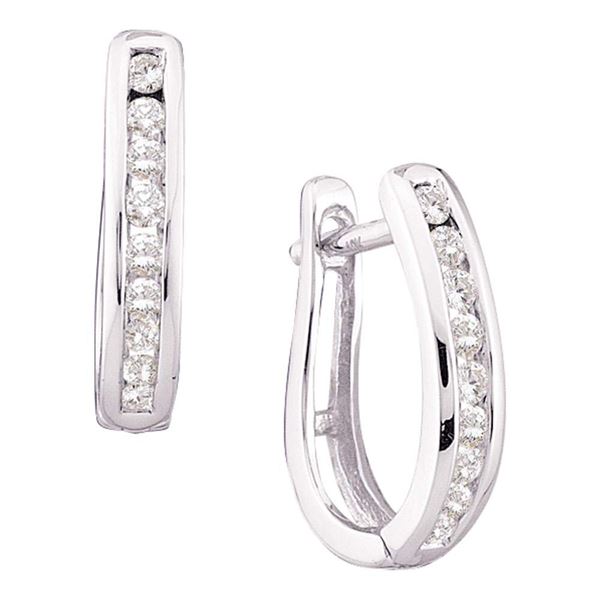 Round Diamond Oblong Hoop Earrings 1/4 Cttw 14KT White Gold