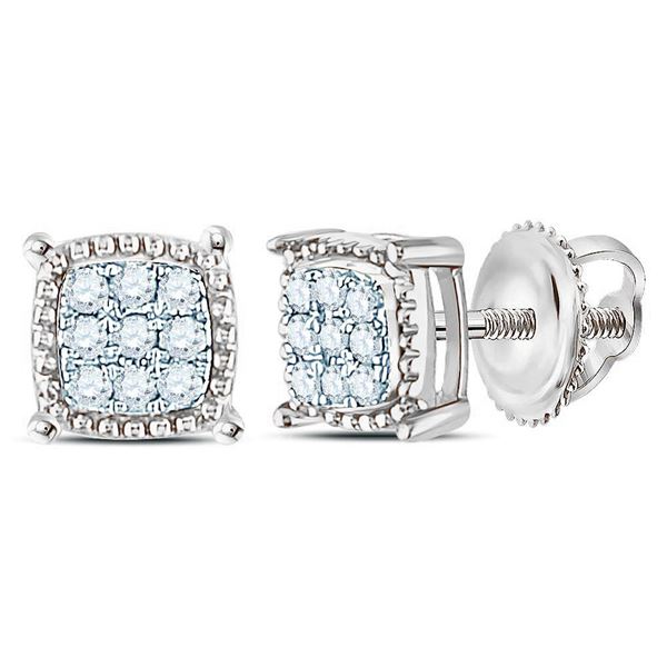 Round Diamond Square Milgrain Cluster Earrings 1/10 Cttw 10KT White Gold