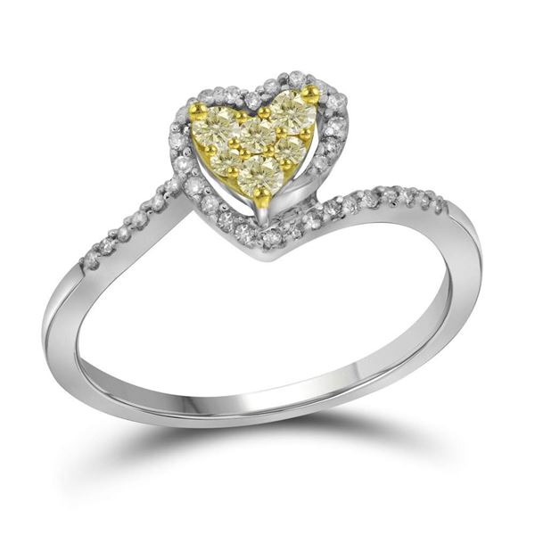 Round Yellow Color Enhanced Diamond Heart Ring 1/4 Cttw 10KT White Gold