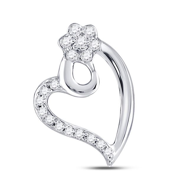 Round Diamond Floral Heart Pendant 1/10 Cttw 10KT White Gold