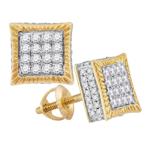 Round Diamond Square Fluted Cluster Stud Earrings 3/4 Cttw 10KT Yellow Gold