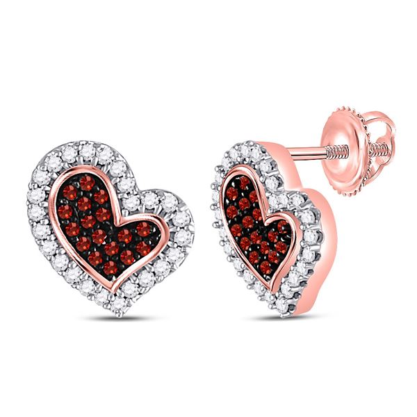 Round Red Color Enhanced Diamond Heart Stud Earrings 1/6 Cttw 10KT Rose Gold