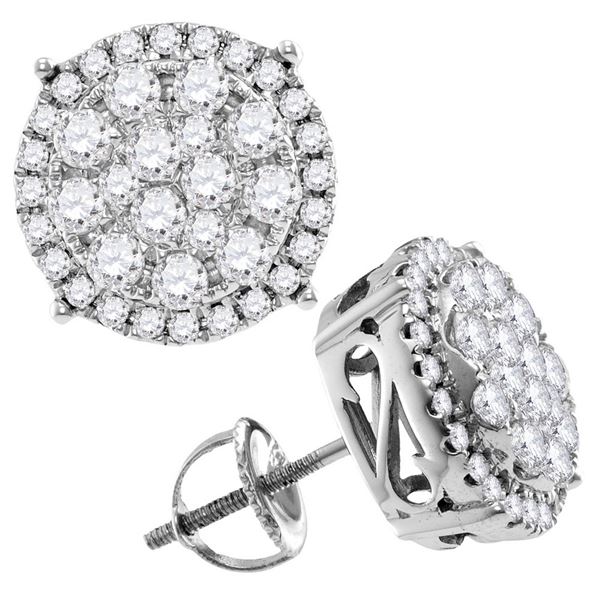 Round Diamond Concentric Circle Cluster Stud Earrings 2 Cttw 14KT White Gold