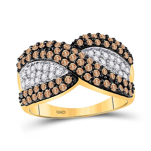 Round Brown Diamond Crossover Stripe Band Ring 1 Cttw 10KT Yellow Gold