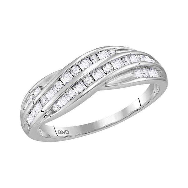 Round Baguette Diamond Crossover Band Ring 1/3 Cttw 10KT White Gold