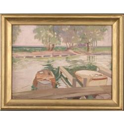 Docks boats landscape painting signed Trimmer #1929423