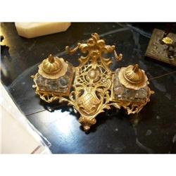 Gilt Metal Double Inkwell &amp; Pen Rest #1931484