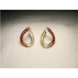 14K YG Gold Ruby Diamond Hoop Hoops Earrings #1932038