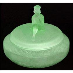 JACKIE Green Satin Glass Art Deco Powder Jar #1938842