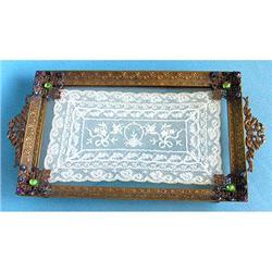 Empire Art Gold Brass Lace Glass Jeweled Tray #1938844