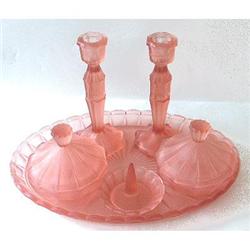 Pink Satin Depression Glass Vanity Set #1938982