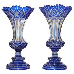 Pair Bohemian Blue Engraved Glass Vases #1963534