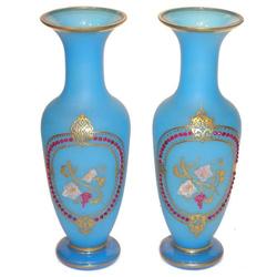 Pair Jewelled Blue Opaline Glass Vases #1963545