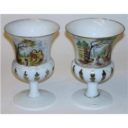 Pair Opaline Glass w Painted German Motif #1963554