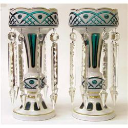 Pair Bohemian Green & White Glass Lustres #1963559