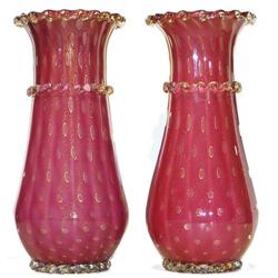Pair 12" Red & Gold Venetian Glass Vases #1963901