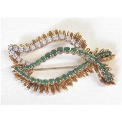 Vintage 18K Gold Emerald & Diamond Leaf Brooch #1963937
