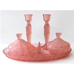 Pink Satin Depression Glass Vanity Set #1964091