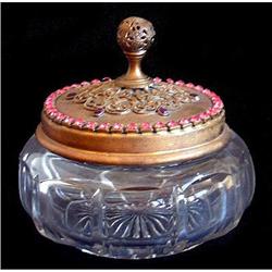 Pink Glass Jeweled Empire Art Gold Dresser Jar #1964114