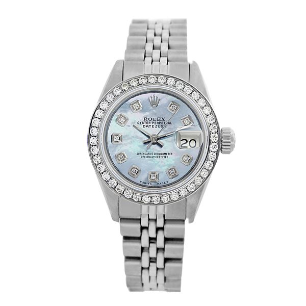 Rolex Pre-owned 26mm Womens Custom Blue MOP Stainless Steel