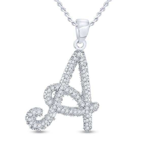 Round Diamond Cursive A Letter Pendant 1/6 Cttw 10KT White Gold