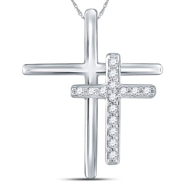 Round Diamond Double Cross Pendant 1/10 Cttw 14KT White Gold