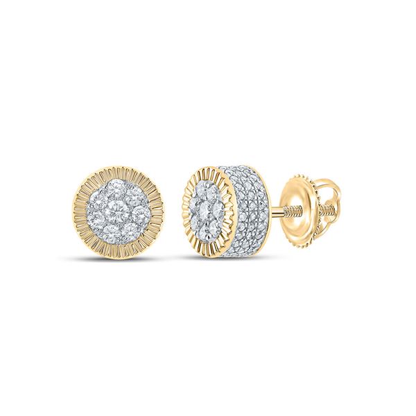 Round Diamond Fluted Cluster Earrings 7/8 Cttw 10KT Yellow Gold