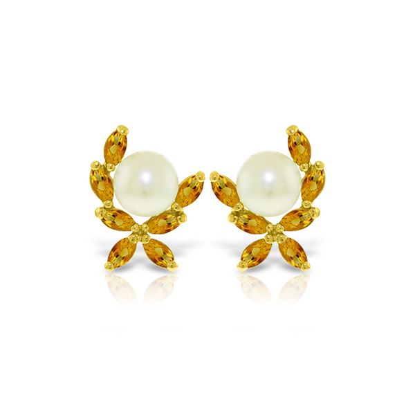 Genuine 3.25 ctw Pearl & Citrine Earrings 14KT Yellow Gold - REF-30P2H