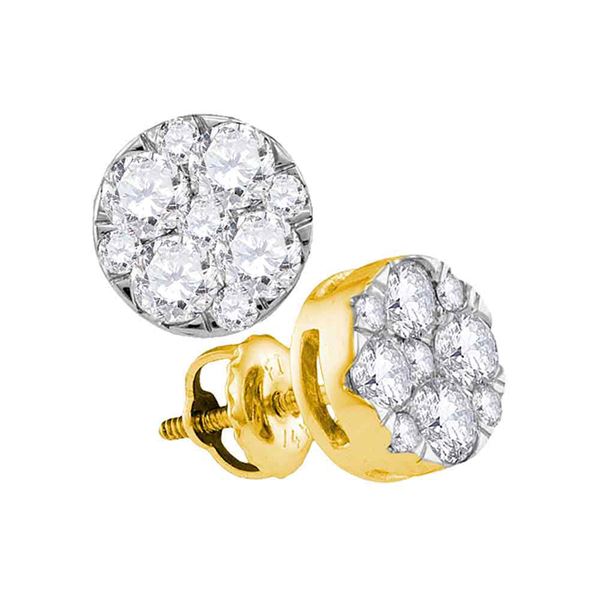 Round Diamond Flower Cluster Earrings 1 Cttw 14KT Yellow Gold