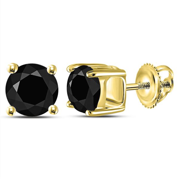 Round Black Color Enhanced Diamond Solitaire Stud Earrings 2 Cttw 10KT Yellow Gold