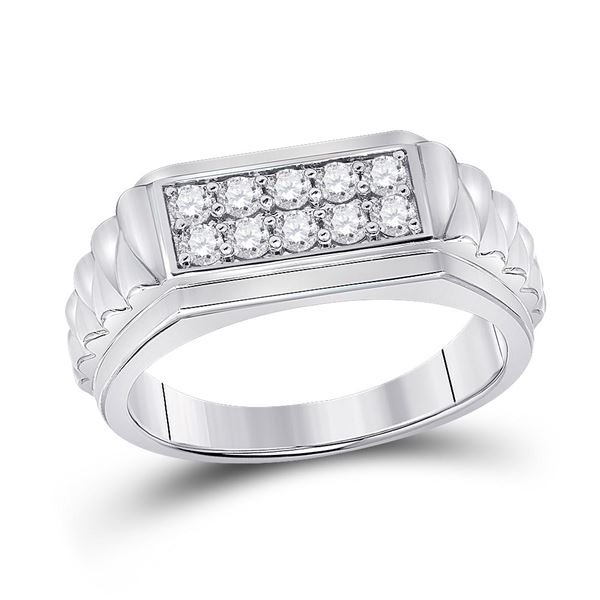 Round Diamond Ribbed Flat Top Band Ring 1/2 Cttw 10KT White Gold