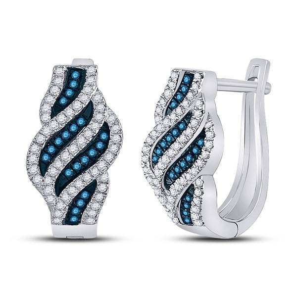 Round Blue Color Enhanced Diamond Spiral Stripe Hoop Earrings 1/3 Cttw 10KT White Gold