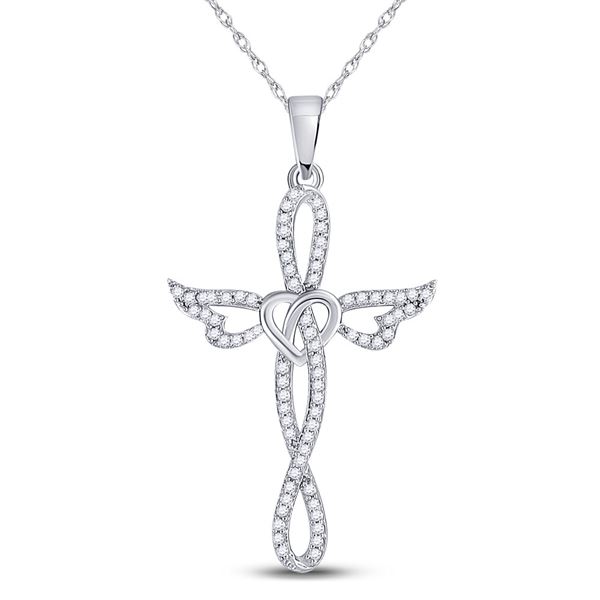 Round Diamond Cross Heart Winged Pendant 1/5 Cttw 10KT White Gold