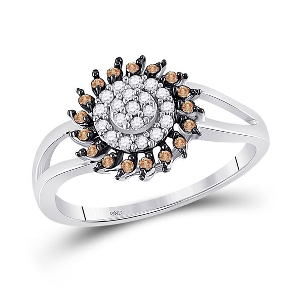 Round Brown Diamond Flower Cluster Ring 1/4 Cttw 10KT White Gold