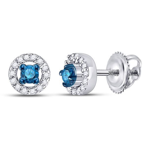 Round Blue Color Enhanced Diamond Halo Earrings 1/5 Cttw 10KT White Gold