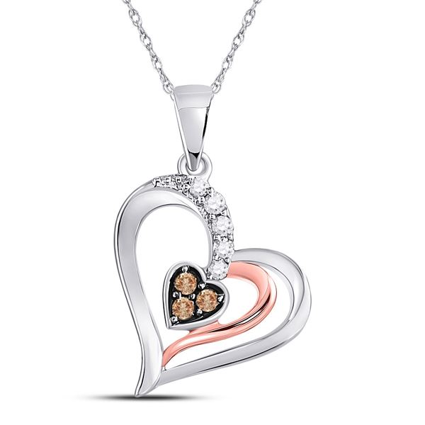 Round Brown Diamond Heart Pendant 1/8 Cttw 10KT White Gold