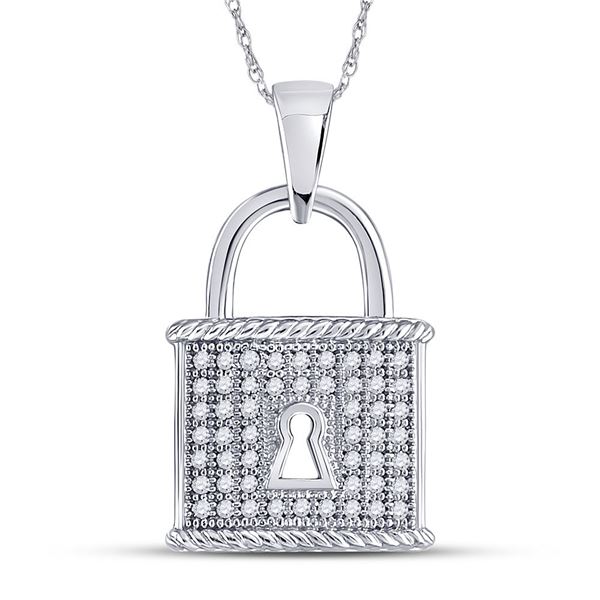 Round Diamond Key Lock Dangle Pendant 1/8 Cttw 10KT White Gold