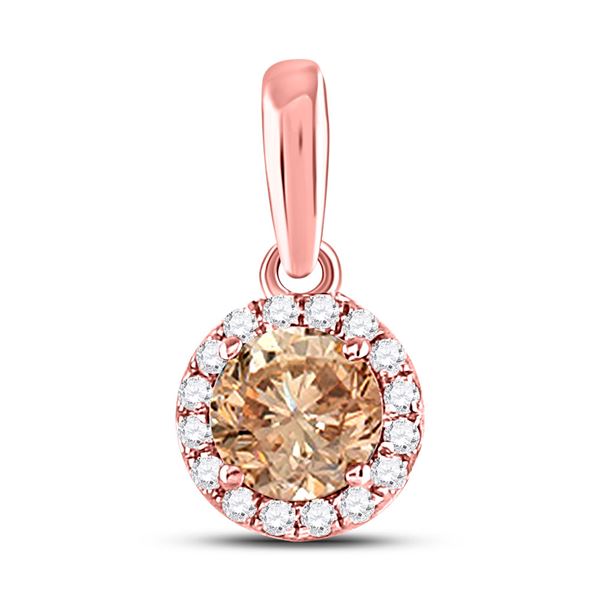 Round Brown Diamond Halo Solitaire Pendant 1/2 Cttw 14KT Rose Gold