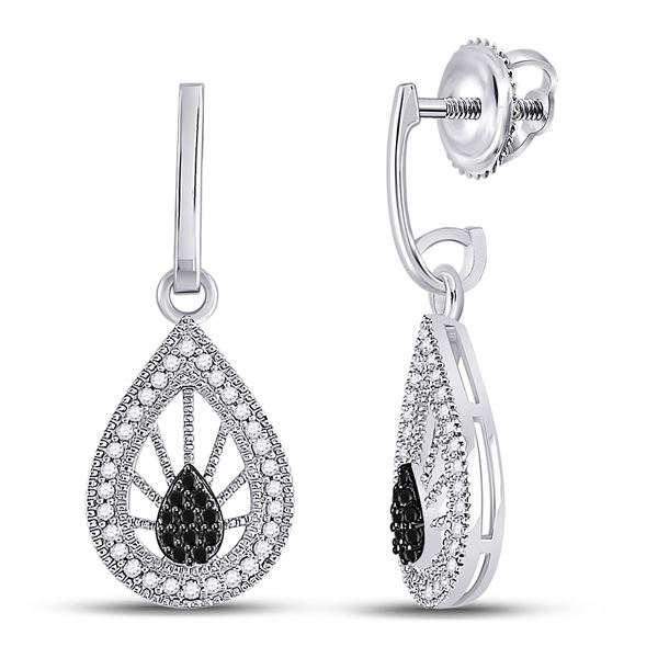 Round Black Color Enhanced Diamond Teardrop Dangle Earrings 1/4 Cttw 10KT White Gold