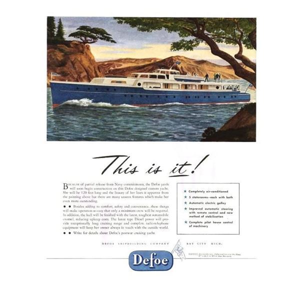 Original 1946 Defoe Luxury Yacht Advertisement