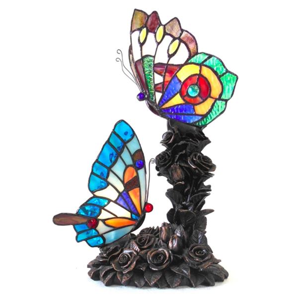 Stained Art Glass Double Butterfly Lamp